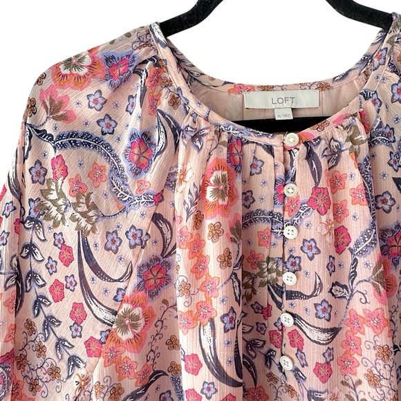 LOFT | NWOT BLOOM BUBBLE SLEEVE HENELY TOP FLORAL LINED | EXTRA LARGE - Picture 2 of 12